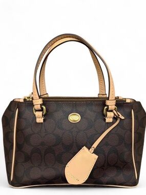 COACH Peyton Satchel | F33752 | Brown Tan Signature Monogram 3 Compartment Bag